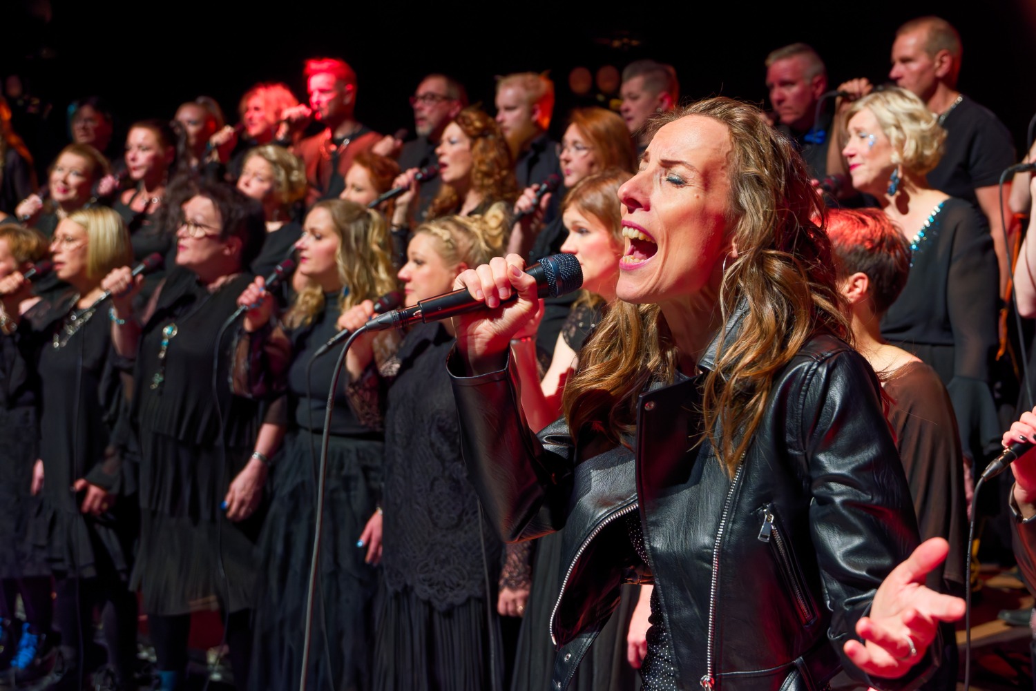 Seisten taputtava konserttiyleisö ja yleisöä taputtaen kiittävä kuoro.